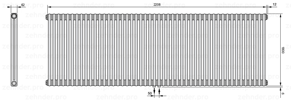 Схема (чертеж) Радиатор Zehnder Charleston 2180/48 №5410 Белый глянцевый RAL 9016